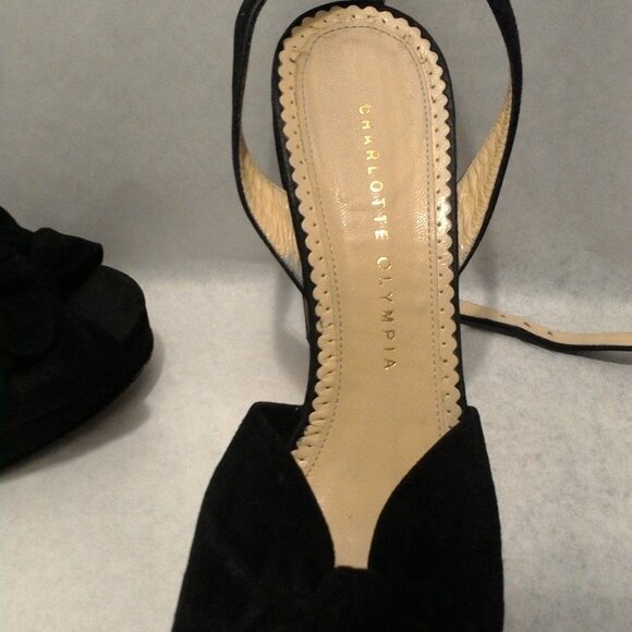 Charlotte Olympia Black Peep Toe Sandal Heels with Bows | Suede EU39 | US 8 - Picture 7 of 15